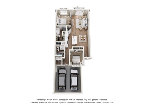 Floor plan for 2 beds, 2 baths, 1293 sqft